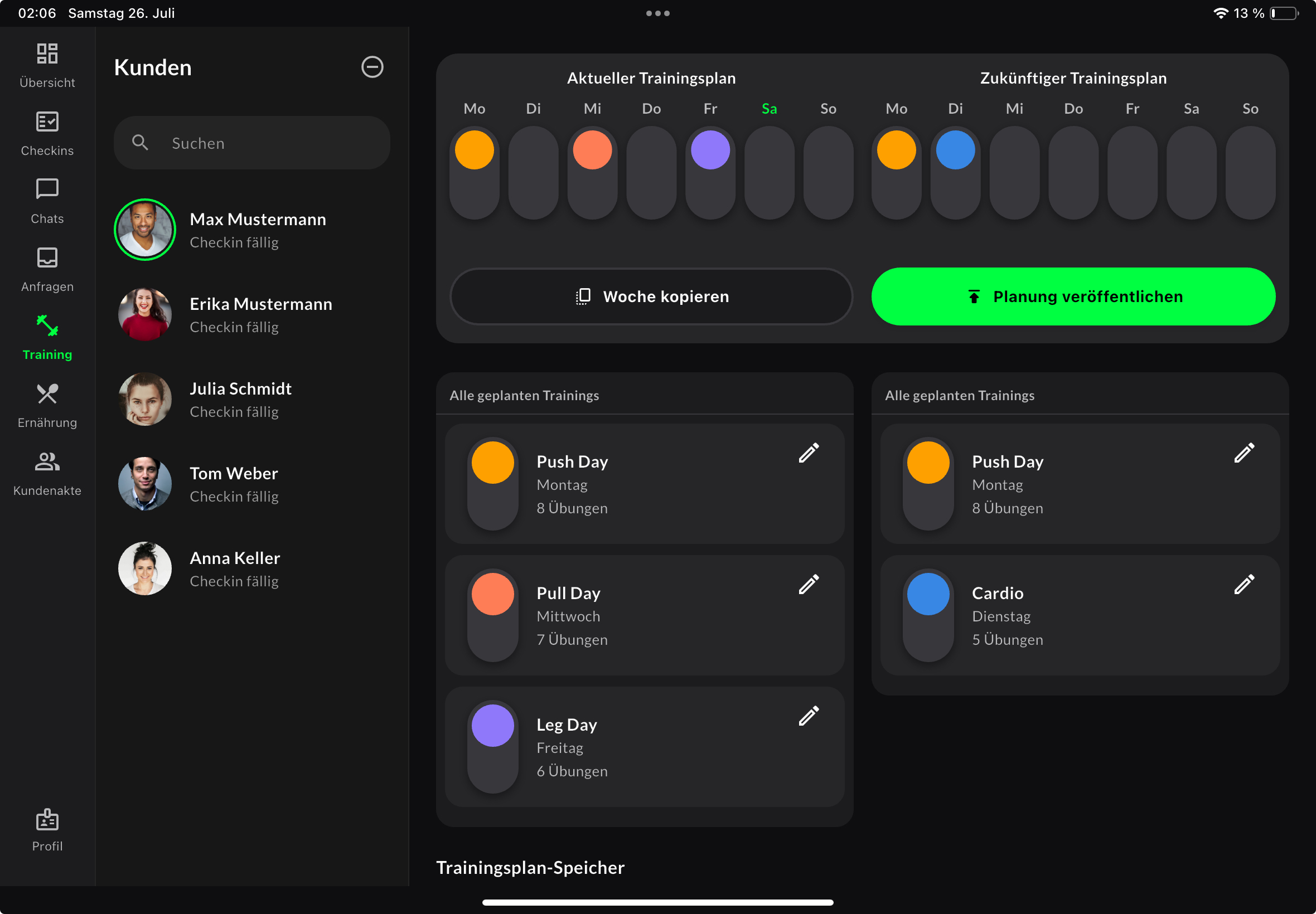 Athlory Coach Dashboard zur Trainingsplanung auf einem iPad