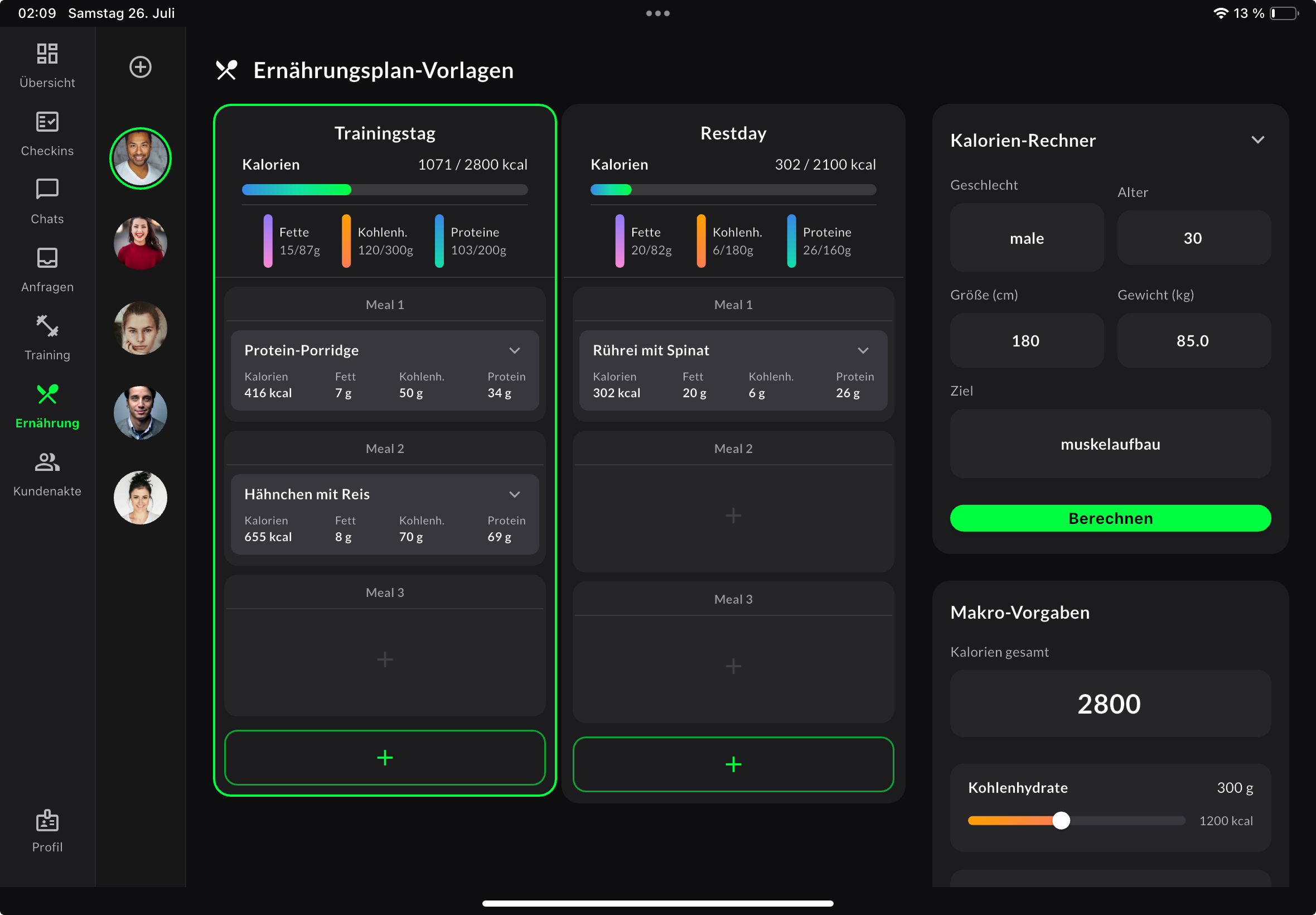 Athlory Coach Dashboard zur Ernährungsplanung auf einem iPad